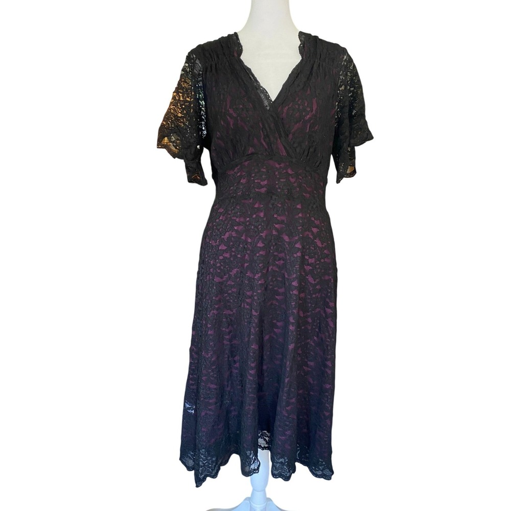 Kiyonna Lace Purple Lining Fit Flare Black Midi Dress 1X Cocktail Goth Pin Up